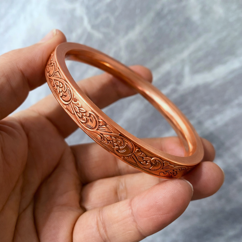 Heavy Flat Engraved Copper Kada for Men