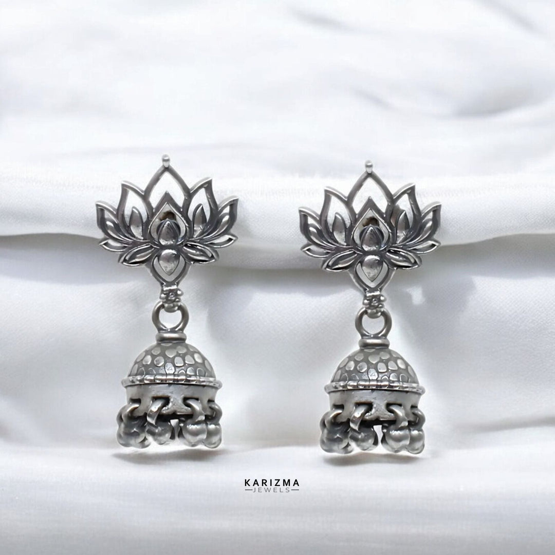 925 Sterling Silver Oxidised Lotus Jhumki Earring For Women