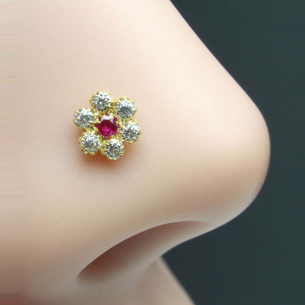 14k Real Gold Nose pin in Flower Design with Pink and White Stones 