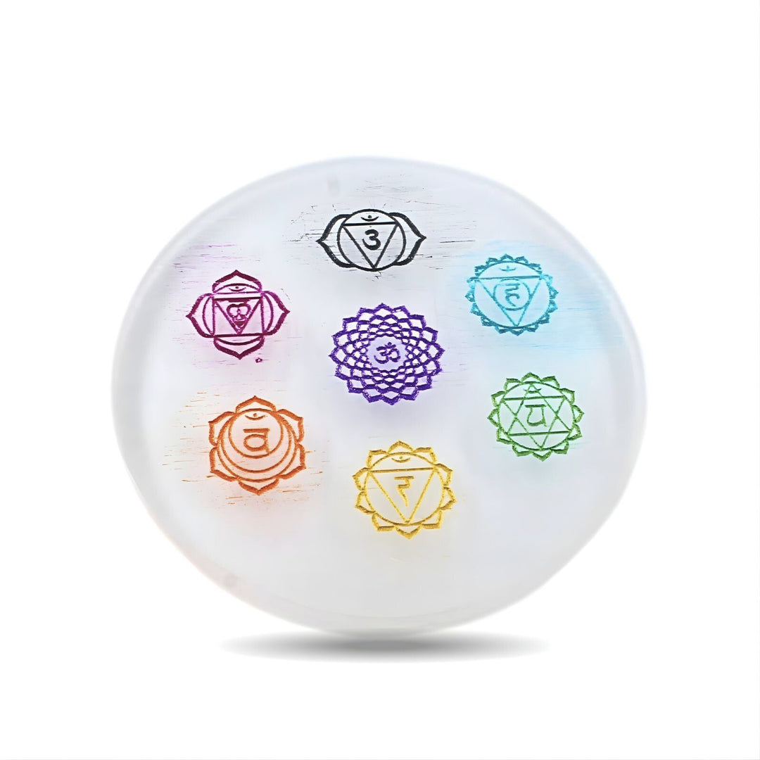 Selenite Seven Chakra Crystal Charging Plate - 3.25 Inch Round
