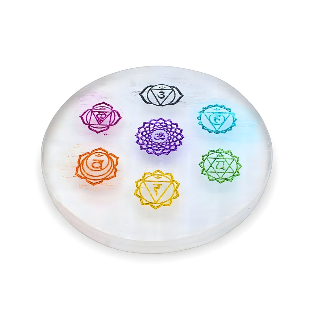 Selenite Seven Chakra Crystal Charging Plate - 3.25 Inch Round