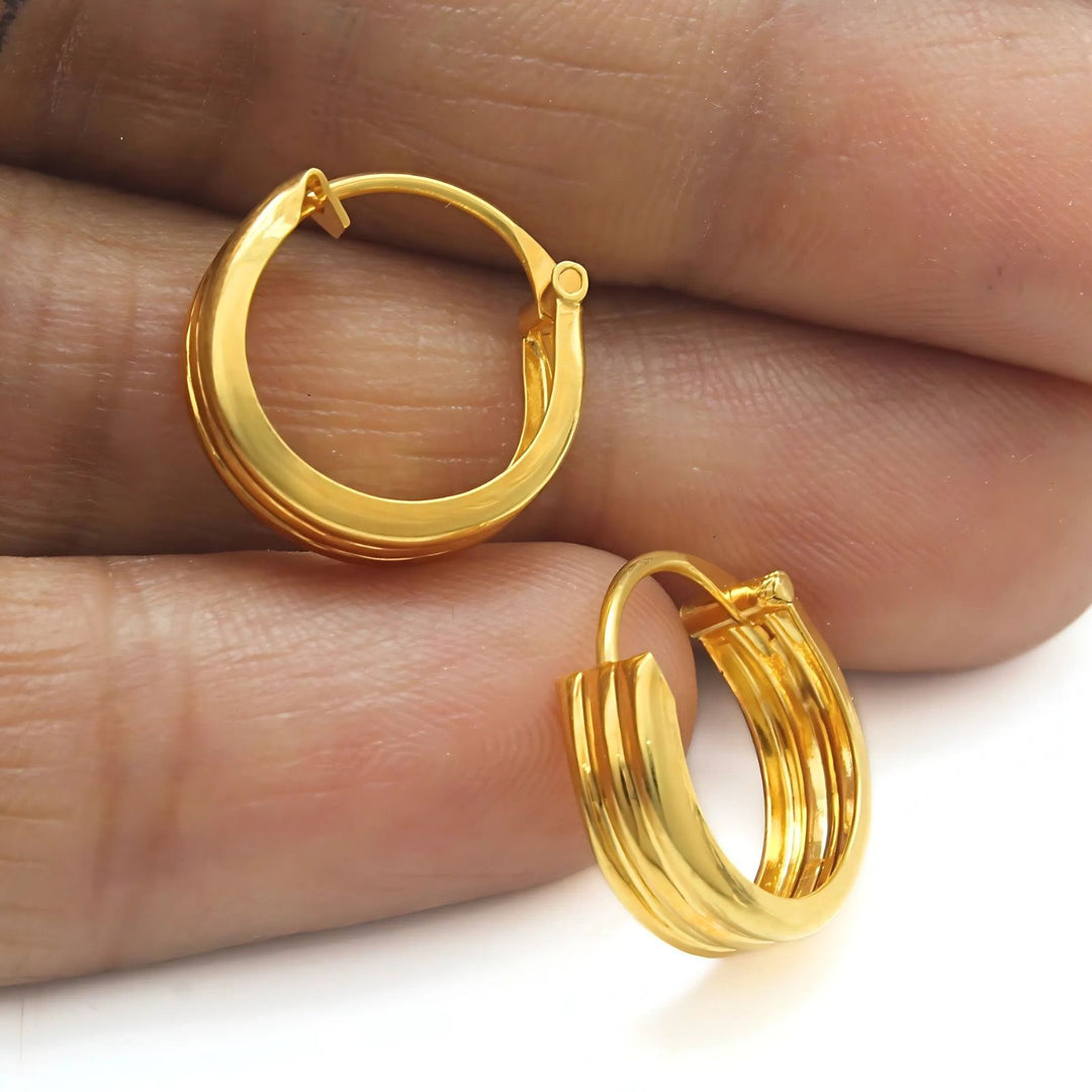 Indian hinged hoop Three Line Earrings 18k Solid Yellow Gold