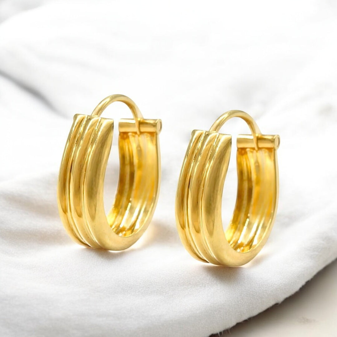 Indian hinged hoop Three Line Earrings 18k Solid Yellow Gold