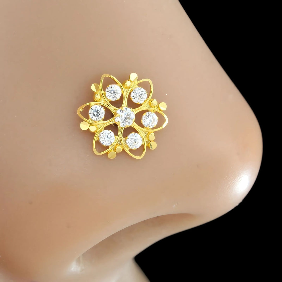 18K Real Gold Indian Women White CZ Flower style Nose stud nose ring Push Pin