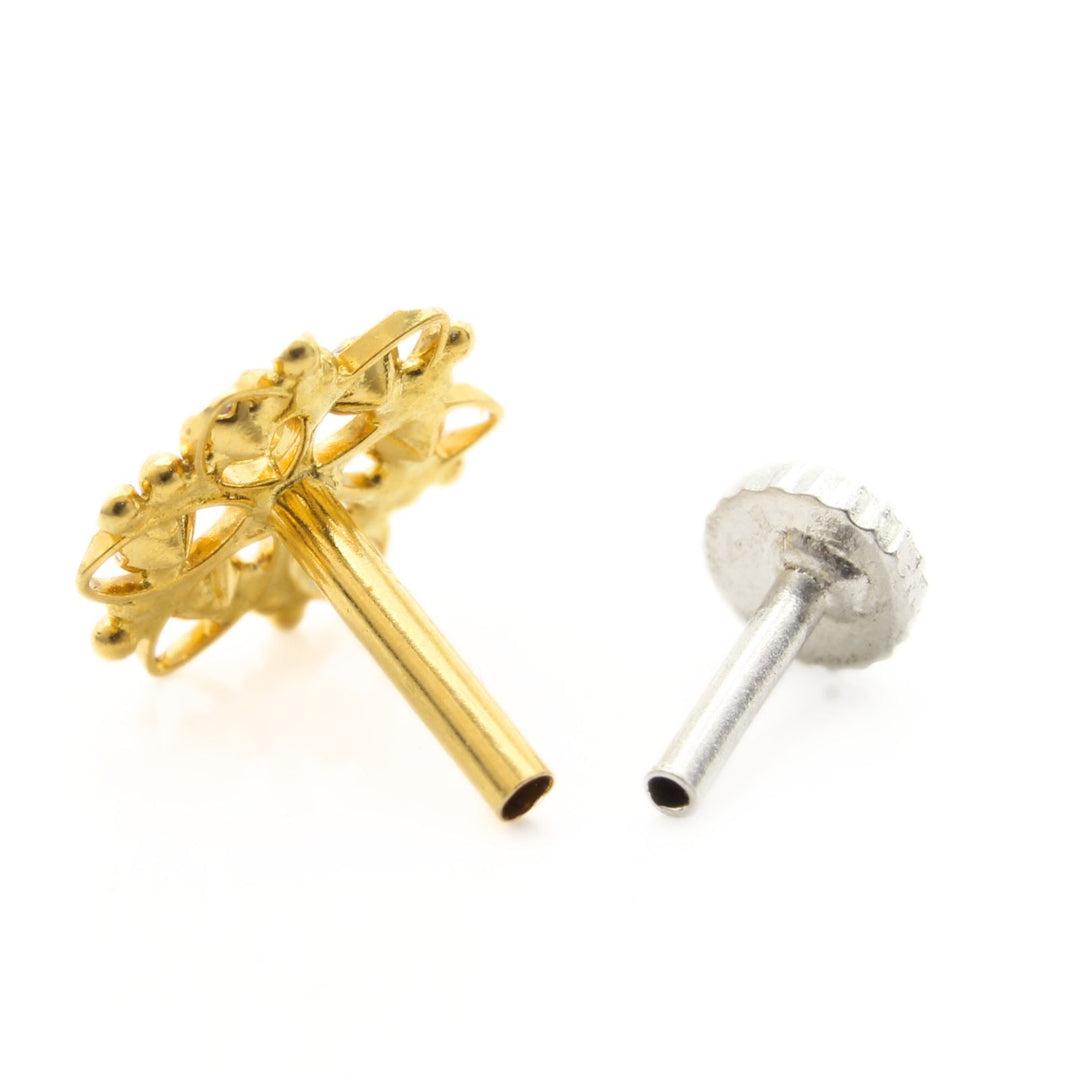 18K Real Gold Indian Women White CZ Flower style Nose stud nose ring Push Pin