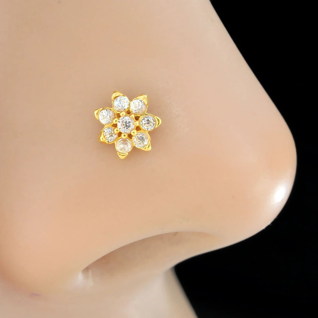 18K Real Gold Indian Women White CZ Flower Nose stud nose ring Push Pin