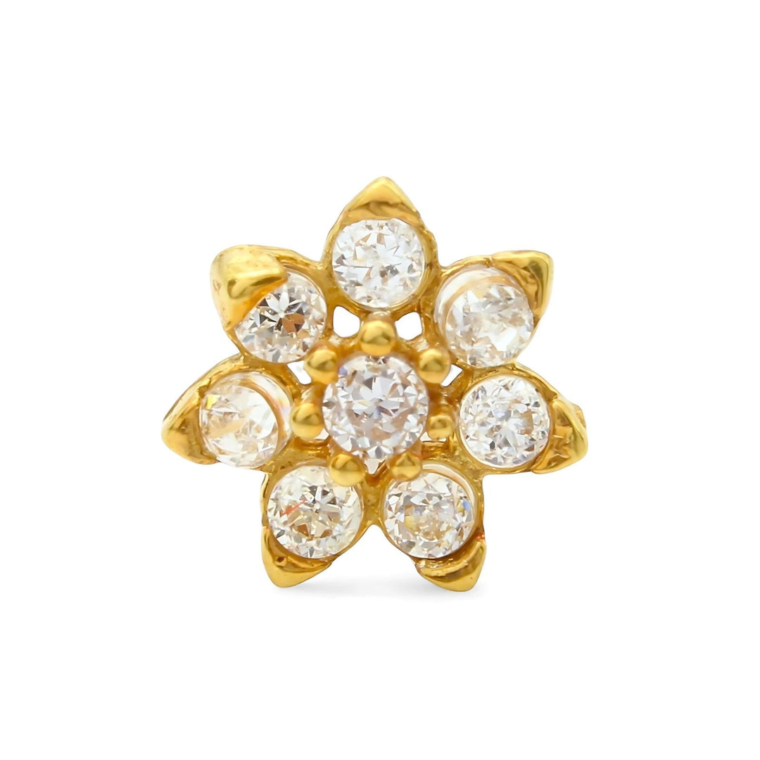 18K Real Gold Indian Women White CZ Flower Nose stud nose ring Push Pin