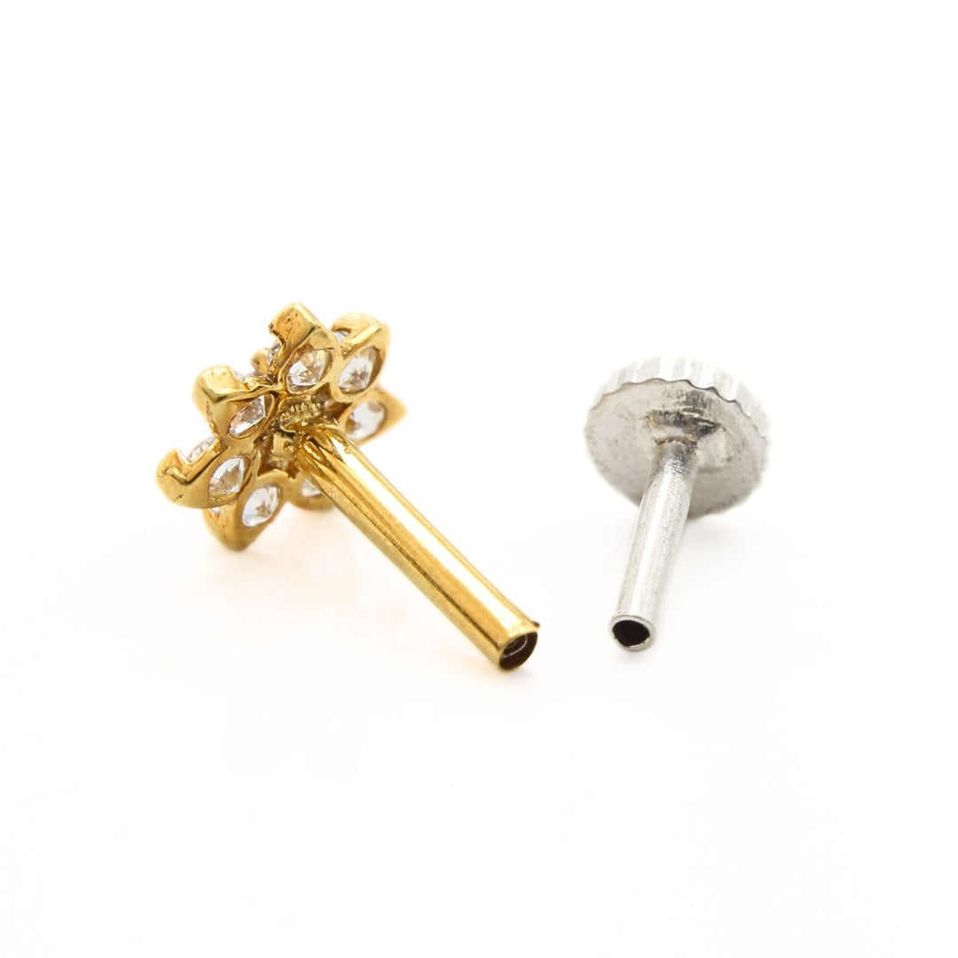 18K Real Gold Indian Women White CZ Flower Nose stud nose ring Push Pin