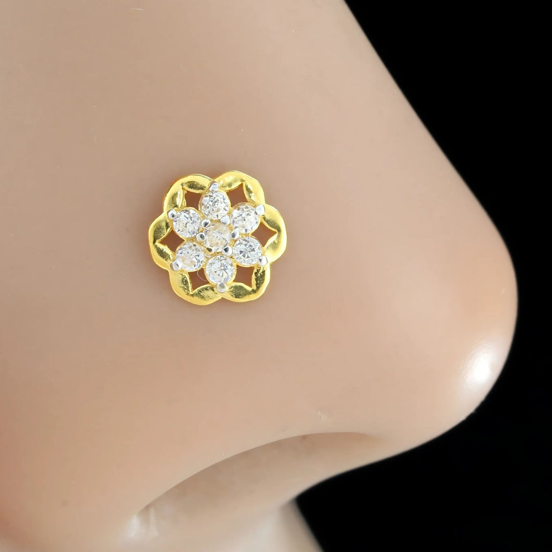 18K Real Gold Indian Women White CZ Flower Dainty Nose stud nose ring Push Pin