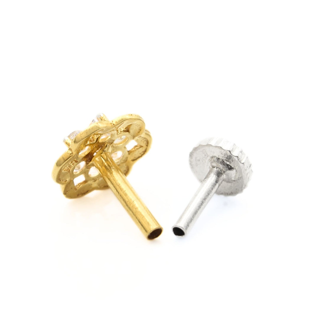 18K Real Gold Indian Women White CZ Flower Dainty Nose stud nose ring Push Pin
