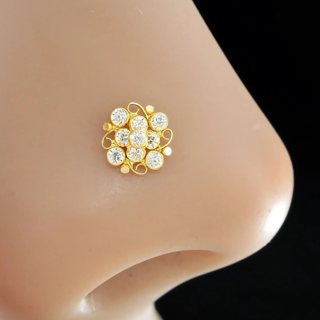 18K Real Gold Indian Women White CZ Square Nose stud nose ring Push Pin