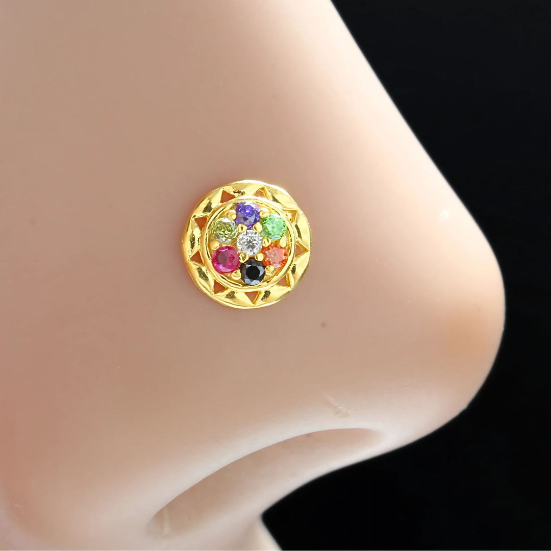 18K Real Gold Indian Women Multi CZ handmade party wear Nose stud nose ring Push Pin