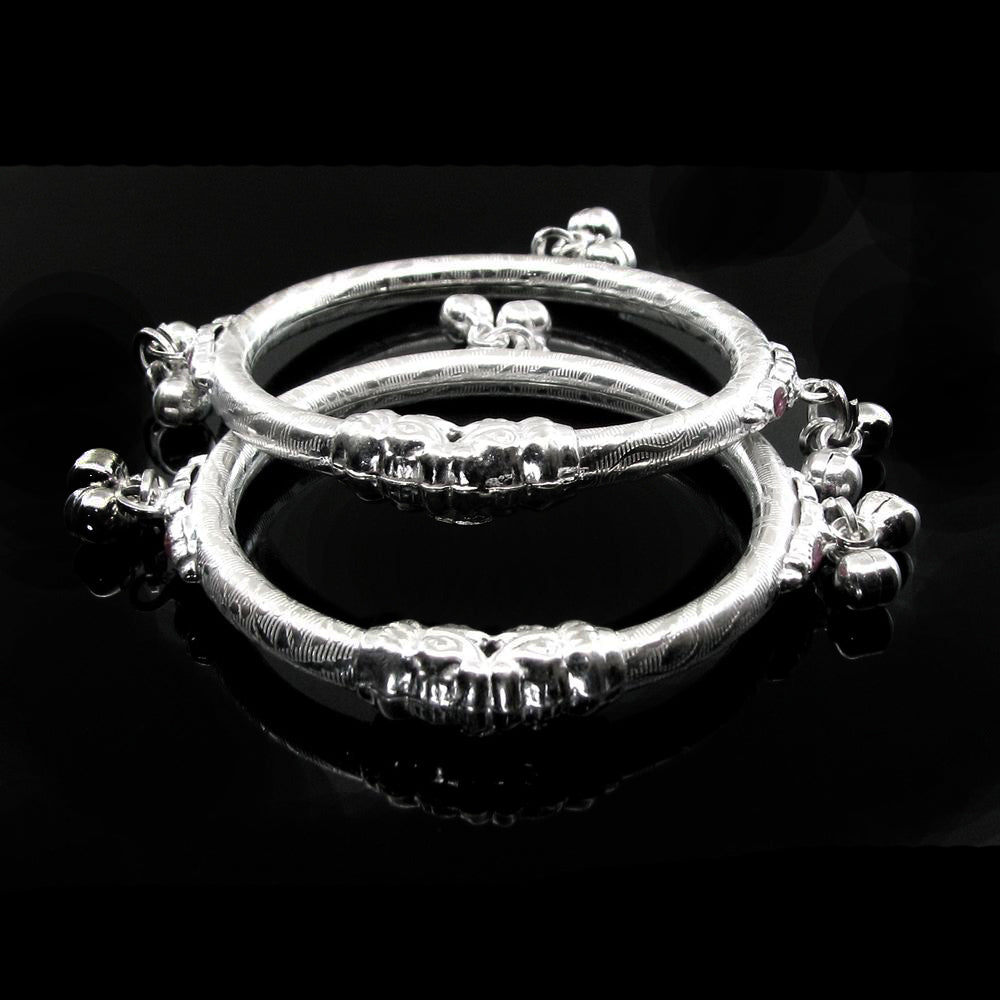 Elephant Face Real Silver Kids Bangles Bracelet With Jingle Bells - Pair