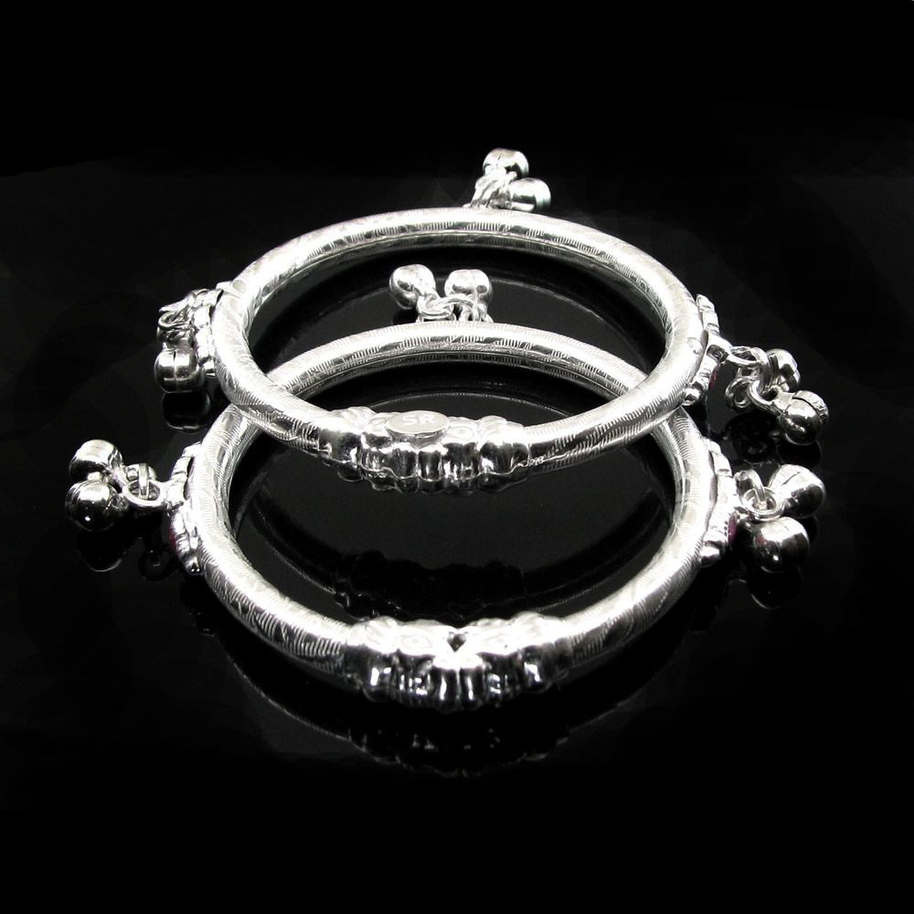 Elephant Face Real Silver Kids Bangles Bracelet With Jingle Bells - Pair