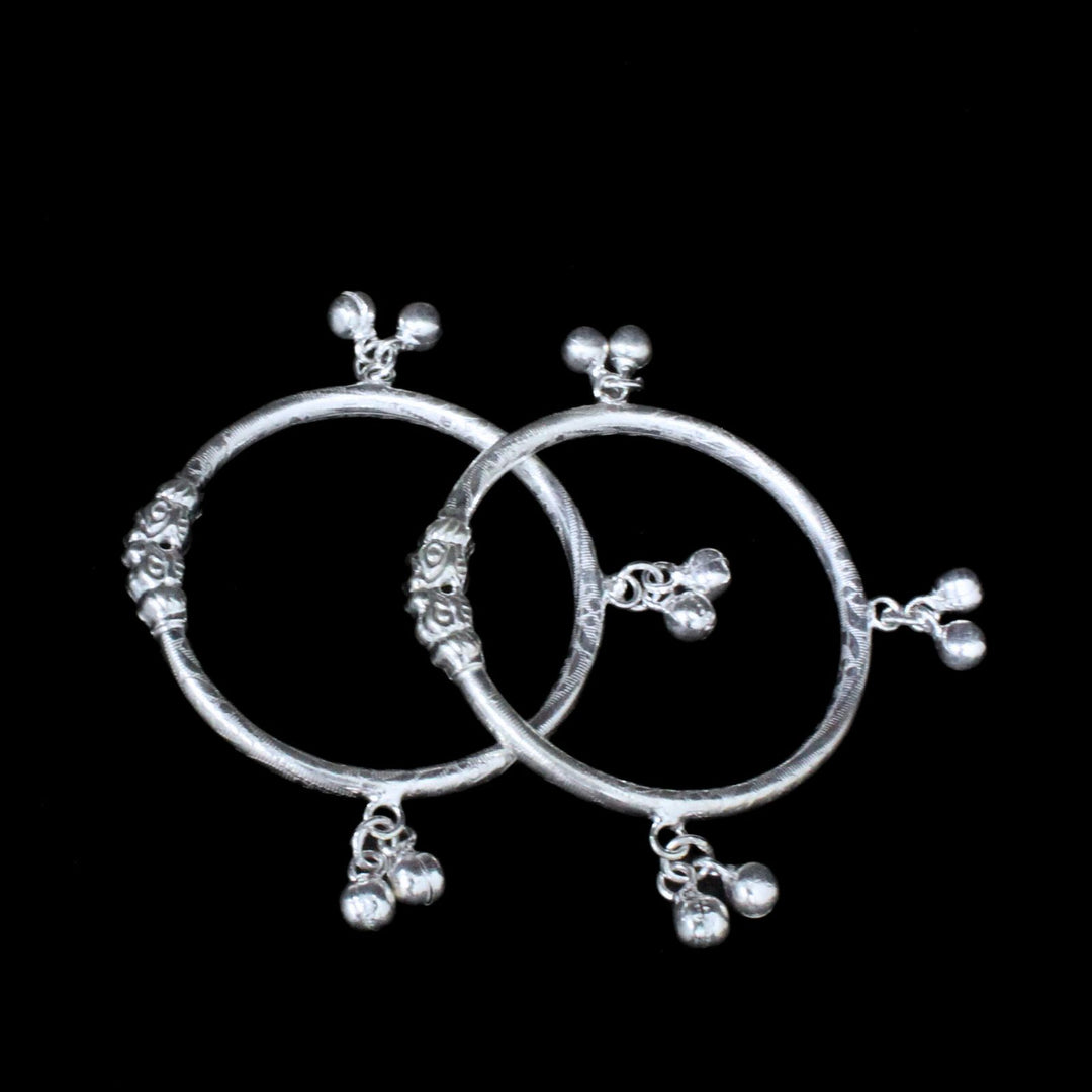 Real Silver Gorgeous Kids Bangles Bracelet Kada With Jingle Bells - Pair