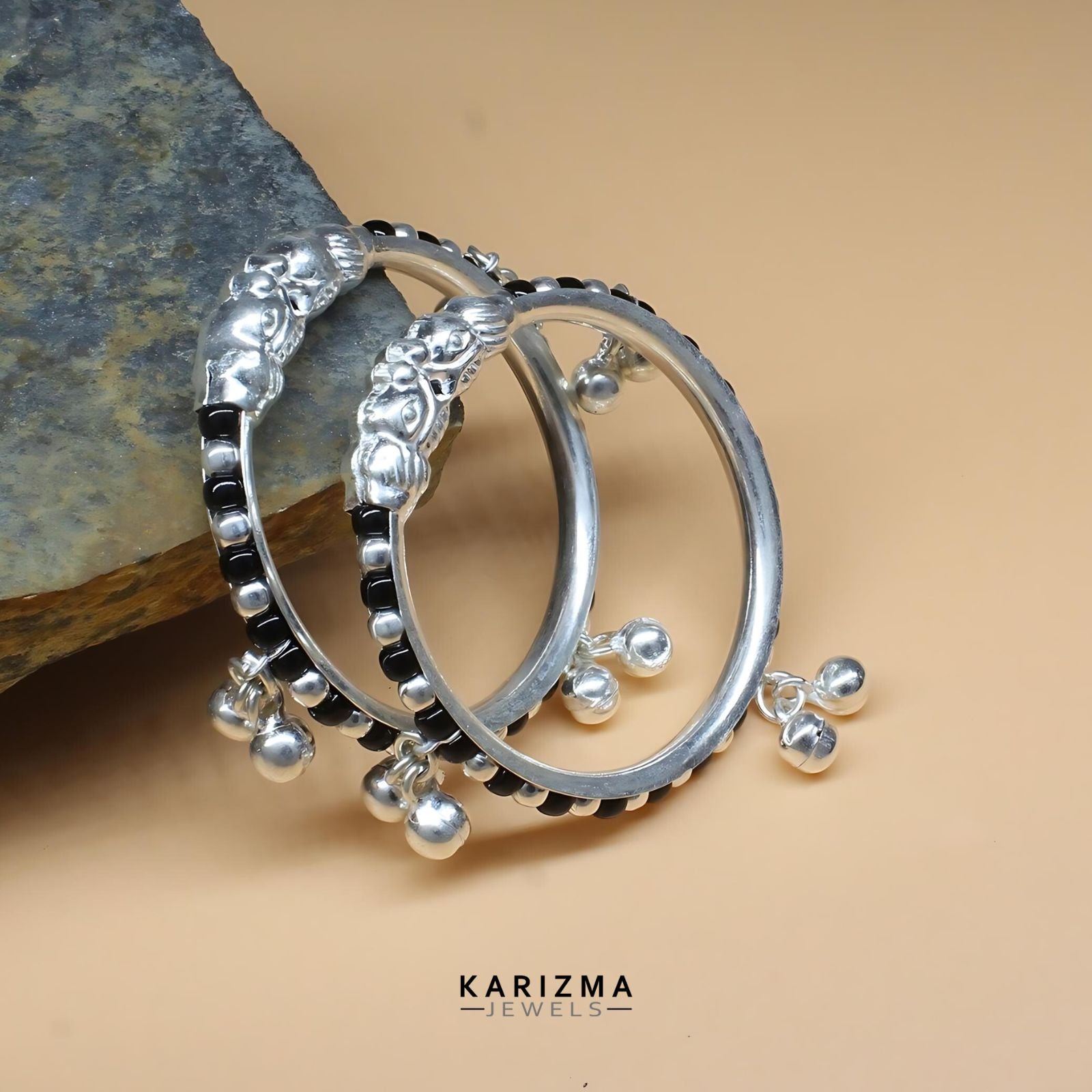Real Silver Black Beads nazariya tribal kids Bangles Bracelet With Jin Karizma Jewels