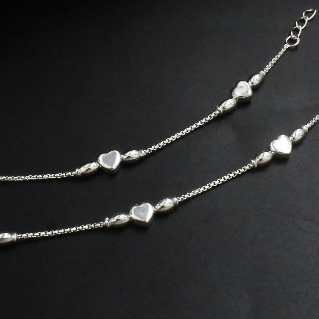 925 Sterling Silver Heart Charm Kids Anklet Pair- 6"