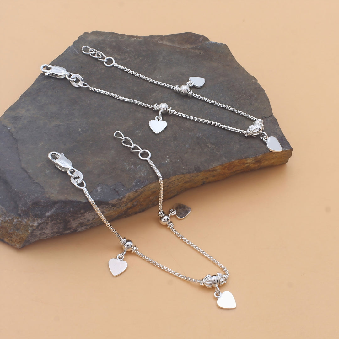 925 Sterling Silver Dangle Heart Charm Kids Anklet Pair- 6"