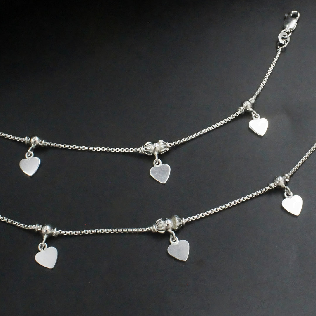 925 Sterling Silver Dangle Heart Charm Kids Anklet Pair- 6"