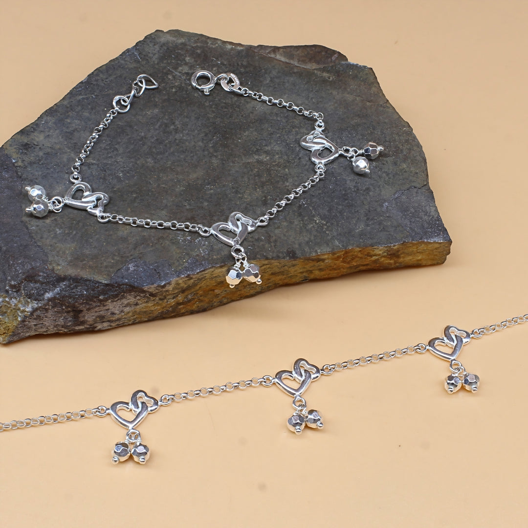 925 Sterling Silver Double Heart design Kids Anklet Pair- 6"
