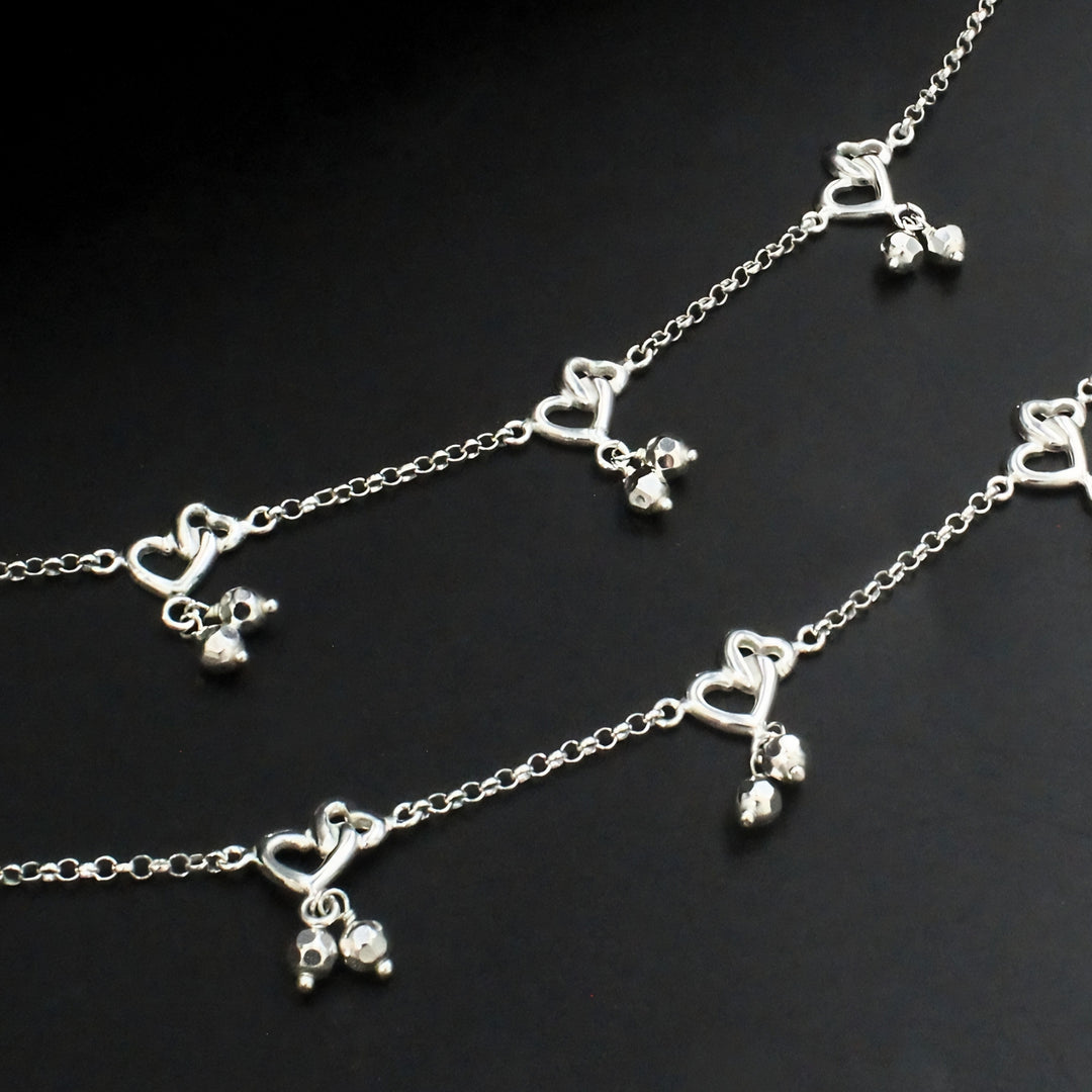 925 Sterling Silver Double Heart design Kids Anklet Pair- 6"