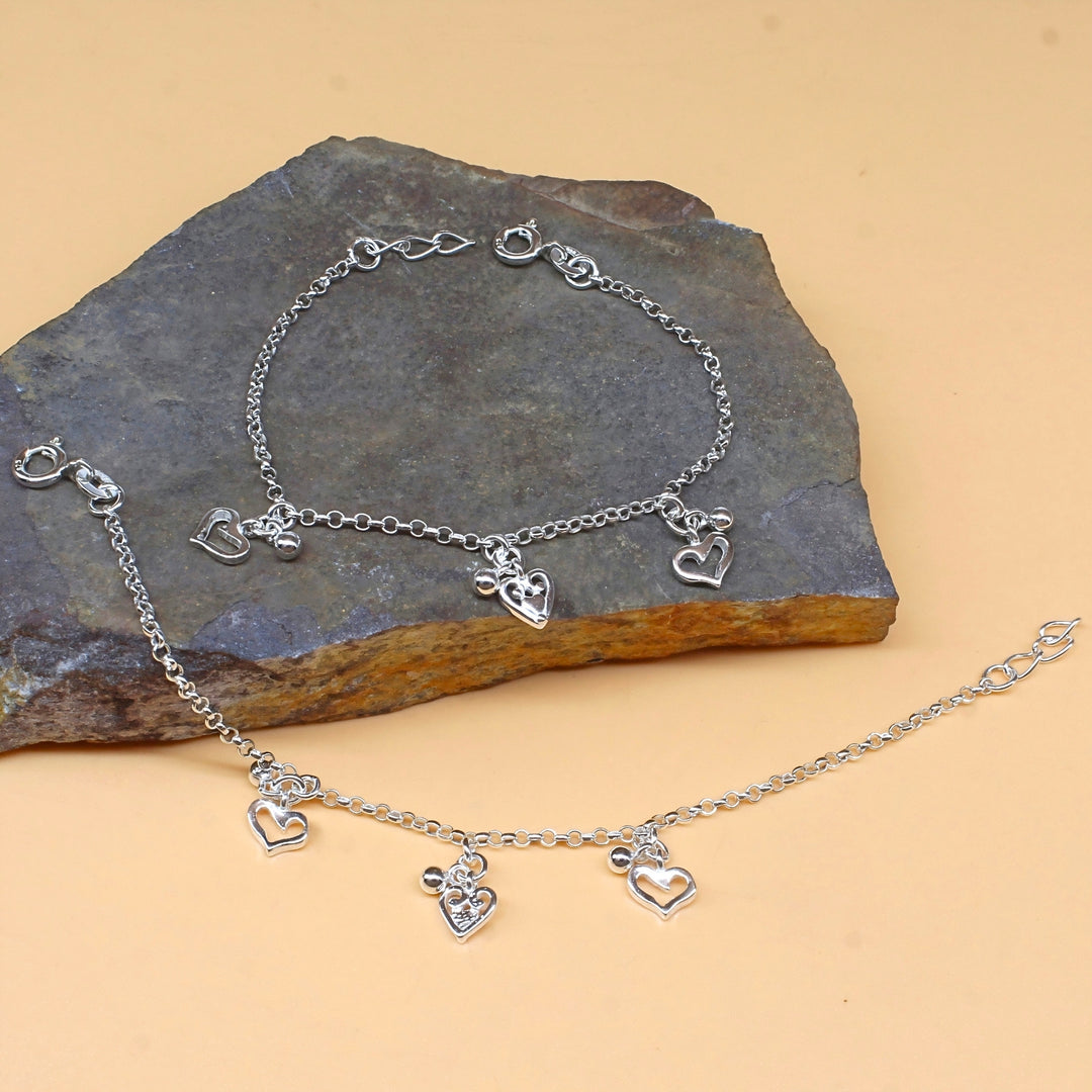 925 Sterling Silver Heart Hanging Design Kids Anklet Pair- 6"