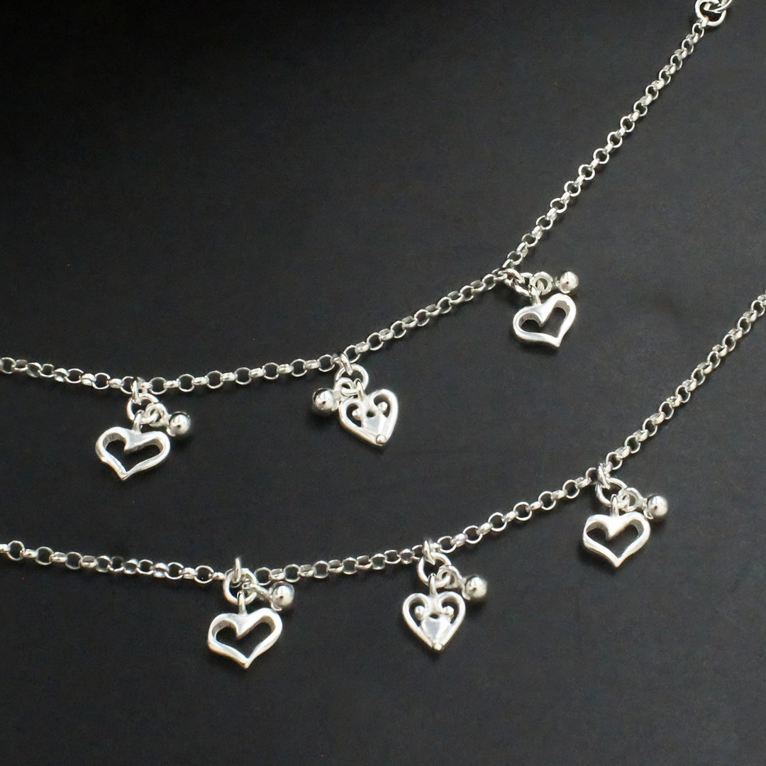 925 Sterling Silver Heart Hanging Design Kids Anklet Pair- 6"