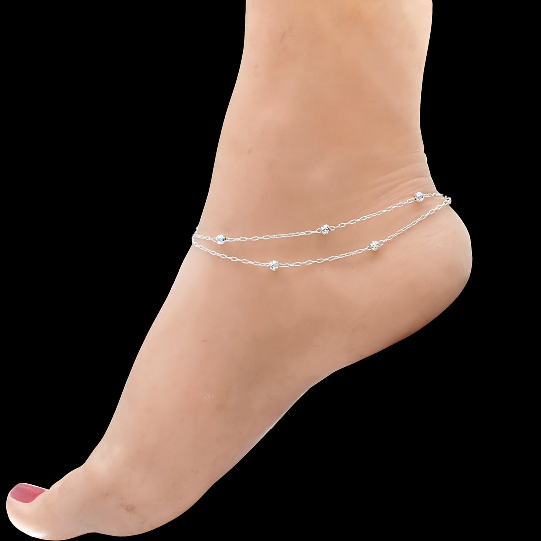 925 Sterling Silver Double Chain Bead Silver Anklet Pair 10.5"
