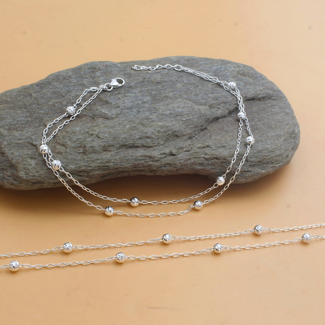 925 Sterling Silver Double Chain Bead Silver Anklet Pair 10.5"