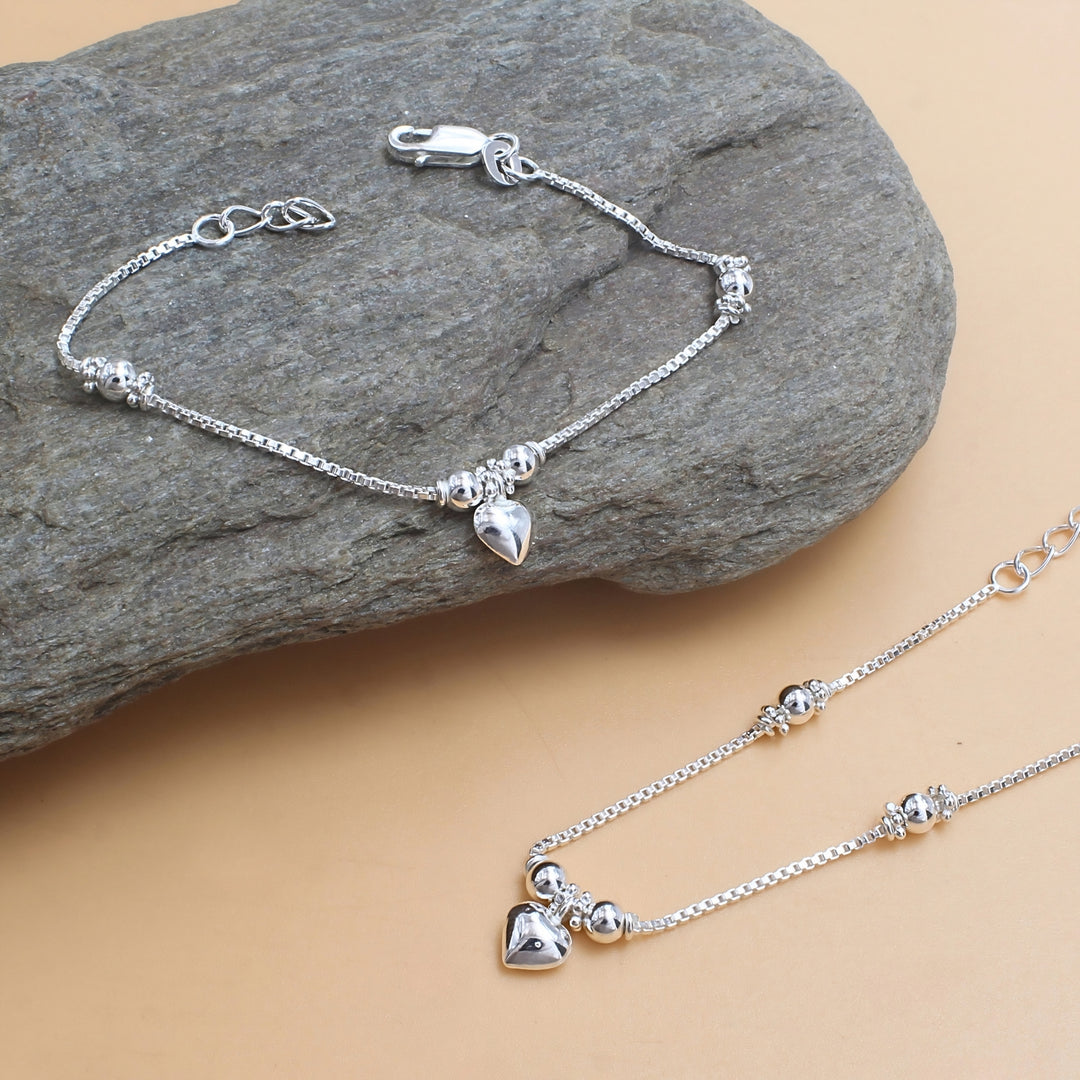 925 Sterling Silver New Born Baby Heart Charm Anklet with Beads Pair- 6"