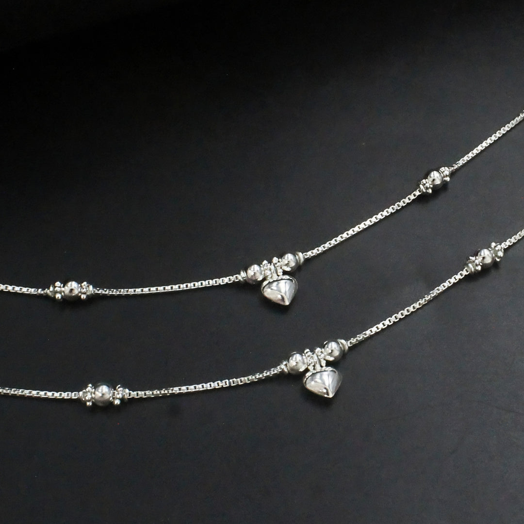 925 Sterling Silver New Born Baby Heart Charm Anklet with Beads Pair- 6"