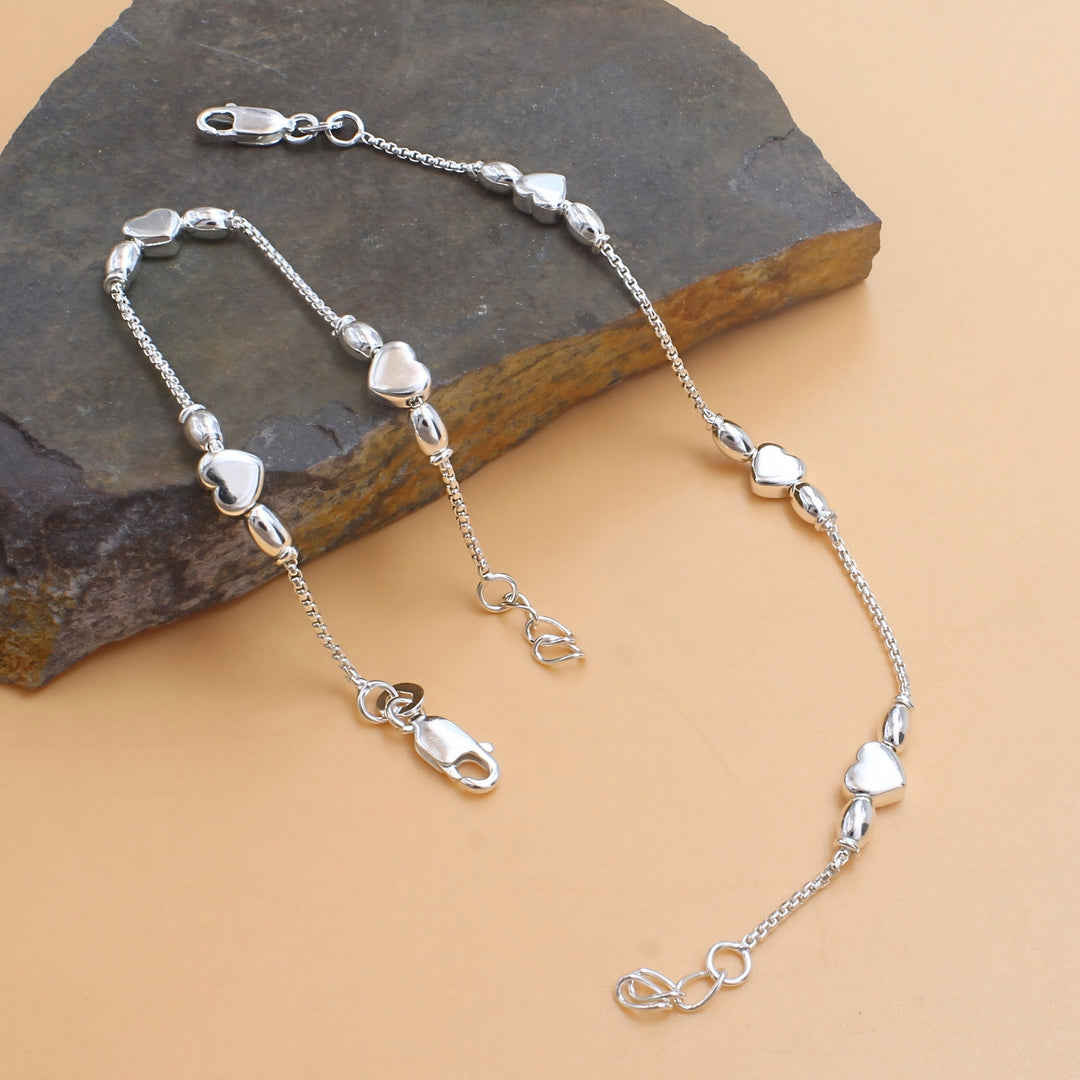 925 Sterling Silver Heart Charm Kids Anklet Pair- 6"