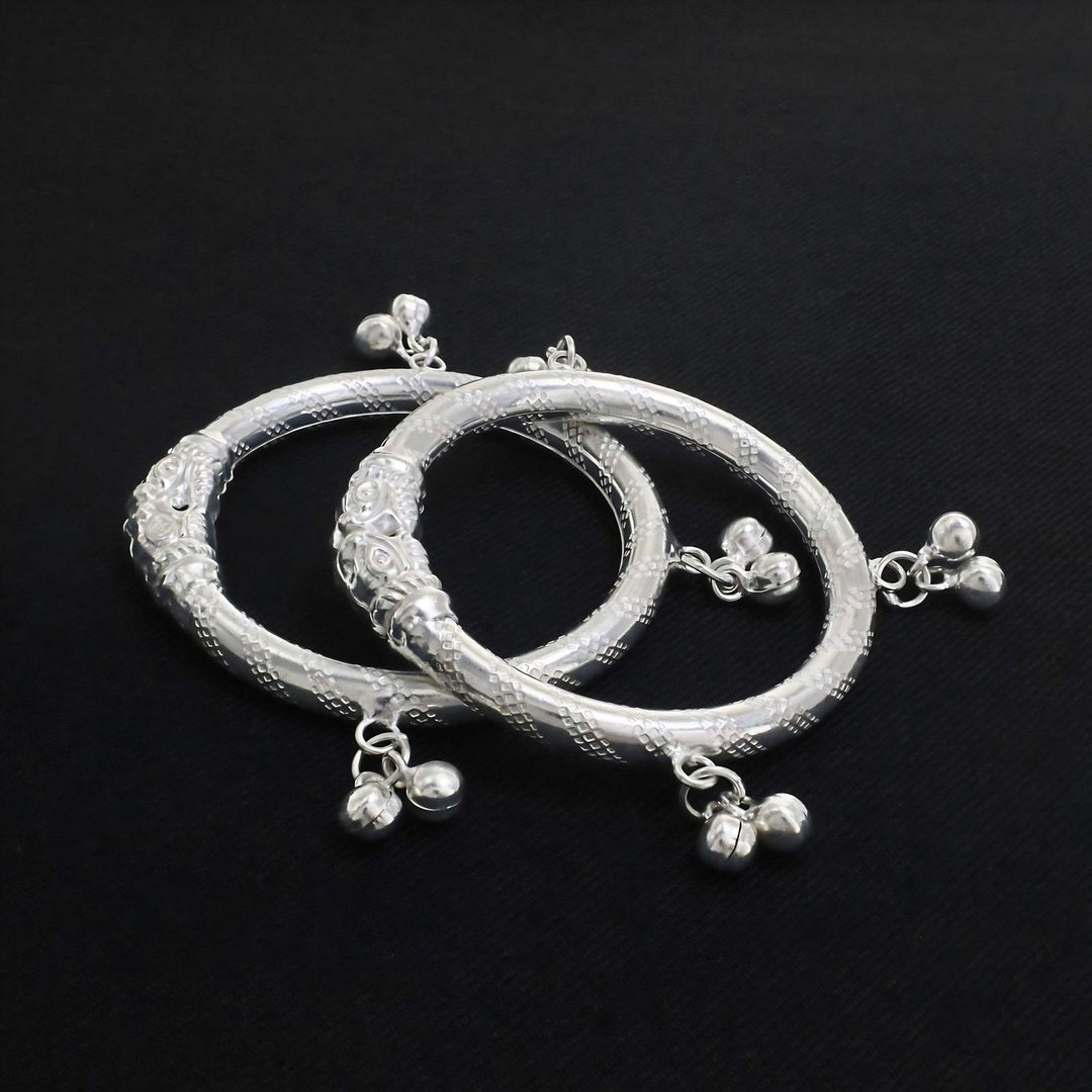 Indian Traditional Silver Elephant Face Kids Bangles Bracelet With Jingle Bells - Pair