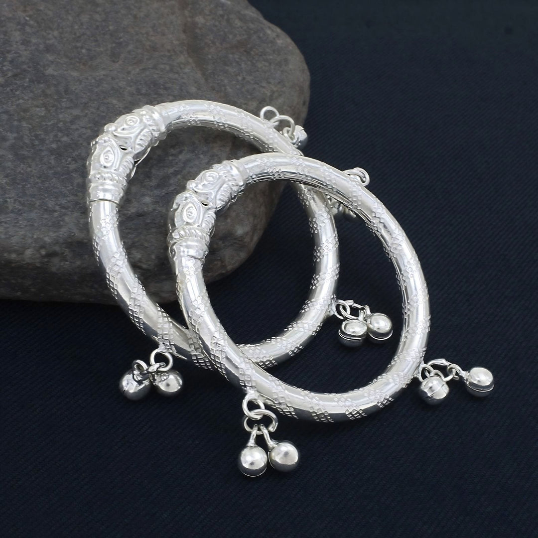 Indian Traditional Silver Elephant Face Kids Bangles Bracelet With Jingle Bells - Pair
