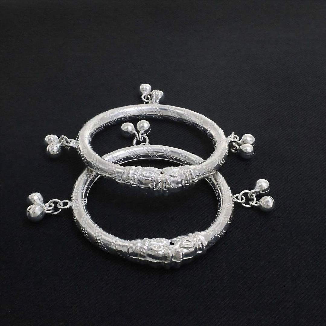 Indian Traditional Silver Elephant Face Kids Bangles Bracelet With Jingle Bells - Pair
