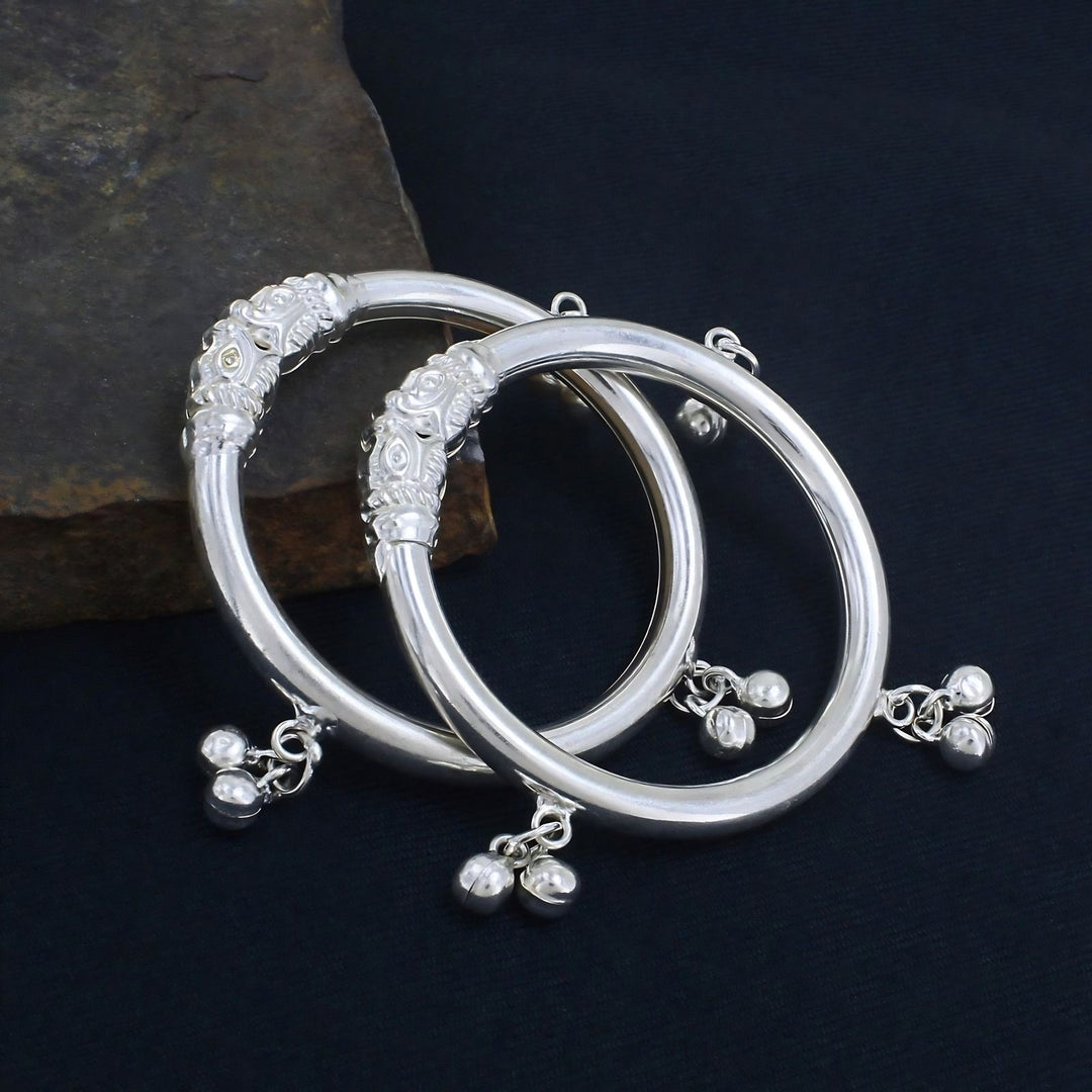 Premium Elephant Face Silver Kids Bangles - Adorable Jingle Bells
