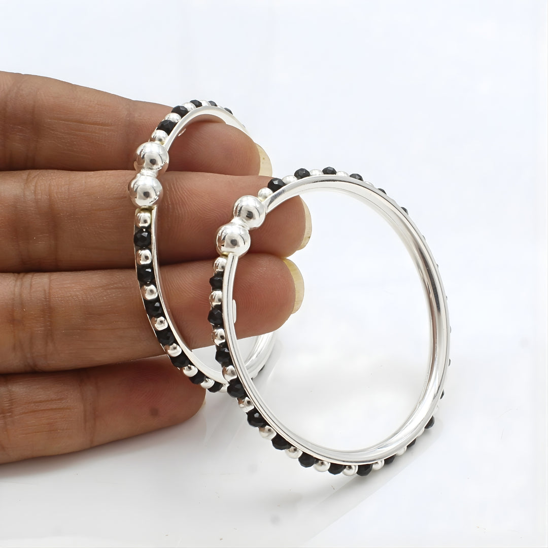 Trendy style 925 Real Silver Black Beads Nazariya kids Bangles Bracelet - Pair