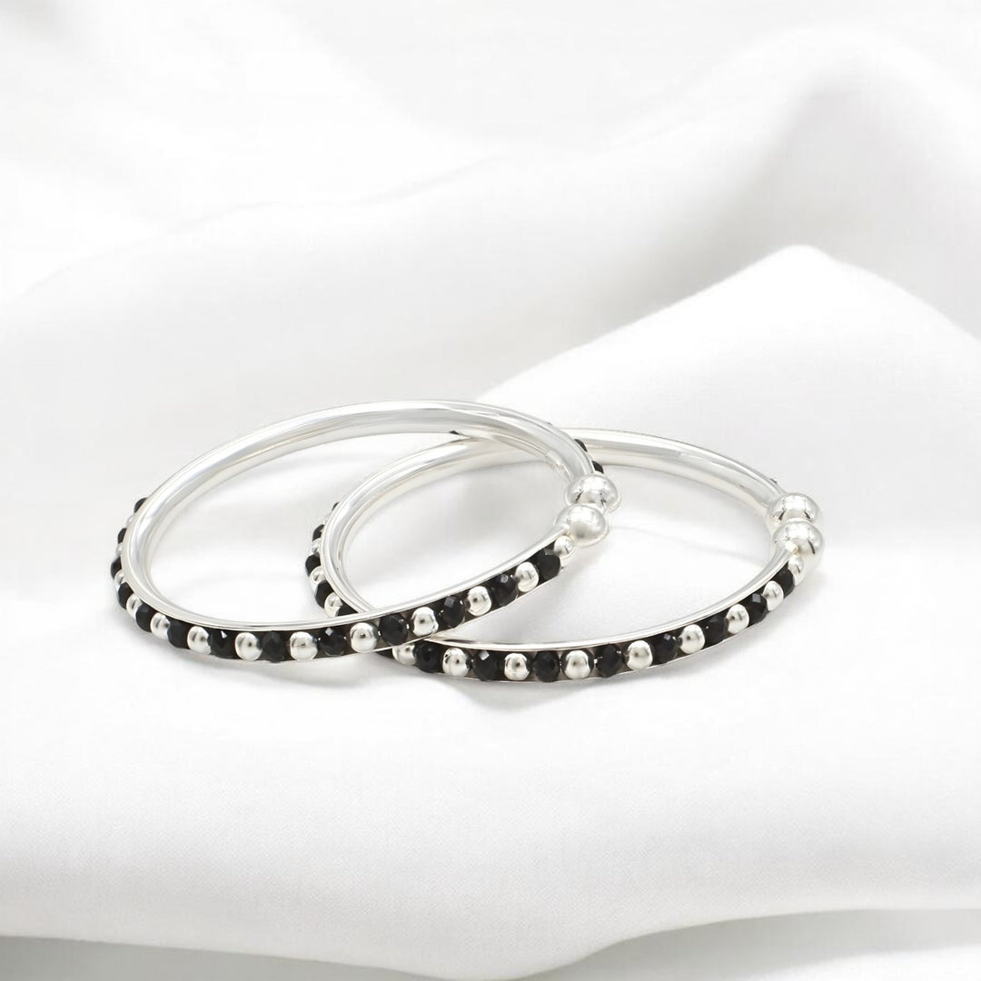 Trendy style 925 Real Silver Black Beads Nazariya kids Bangles Bracelet - Pair