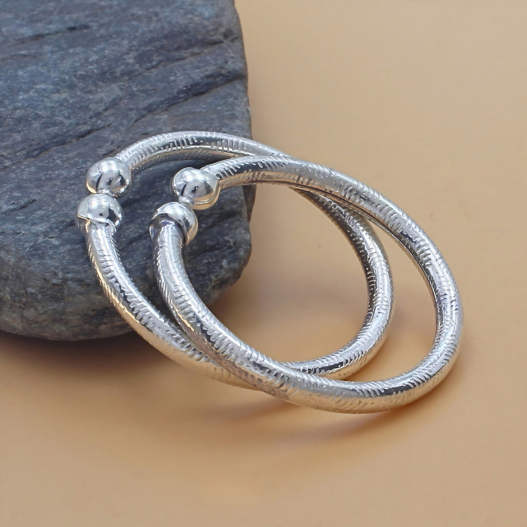 Textured Hollow Pipe Real Silver Kids Kada Pair