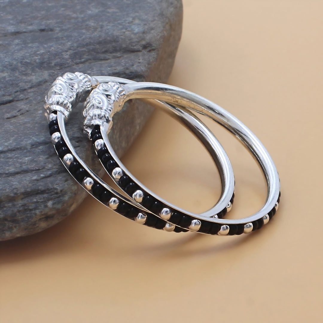 Traditional Real Silver Black Beads Nazariya Kids Bangles - Pair