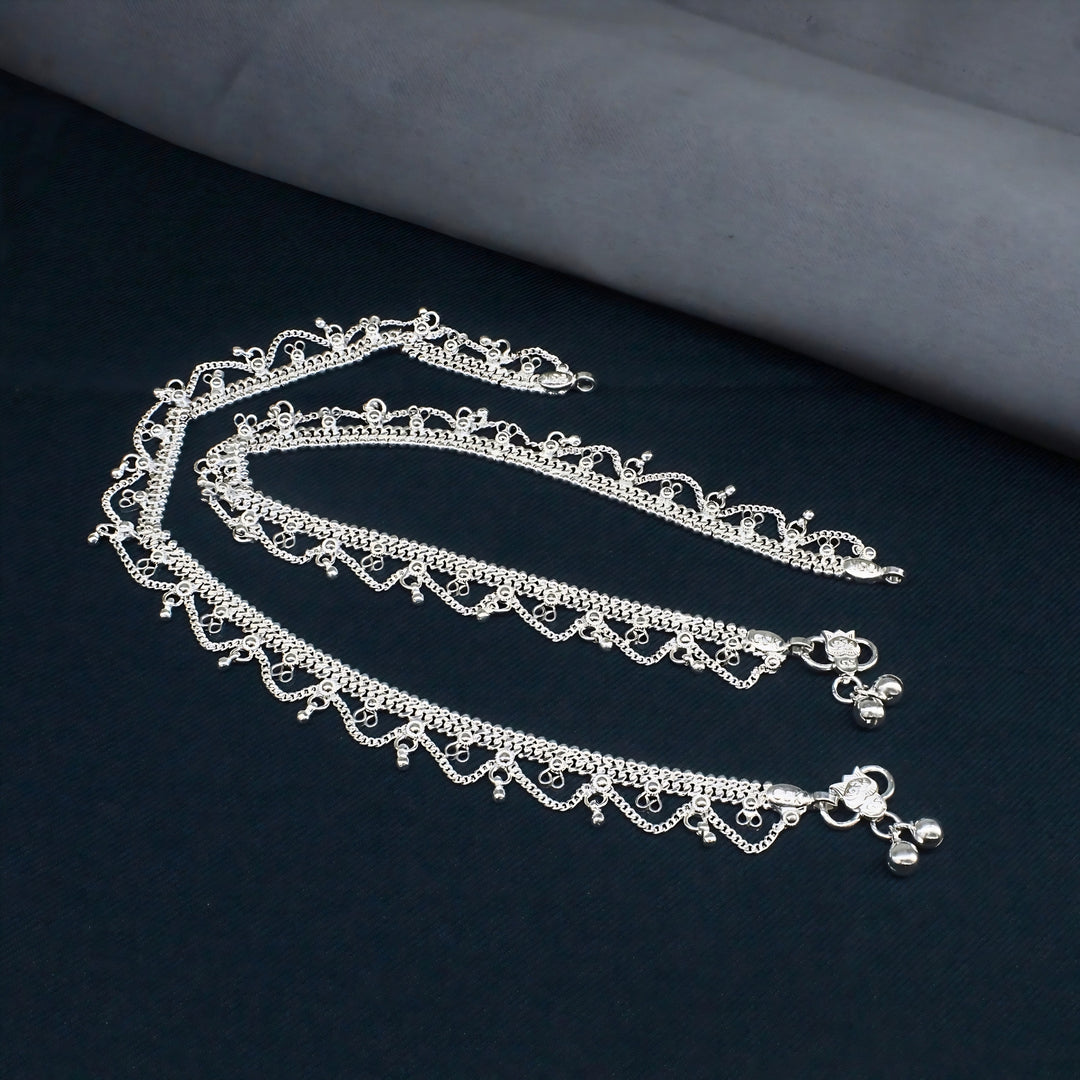 Real Silver Women’s Designer Fringe Anklet Pair - 10.3 in
