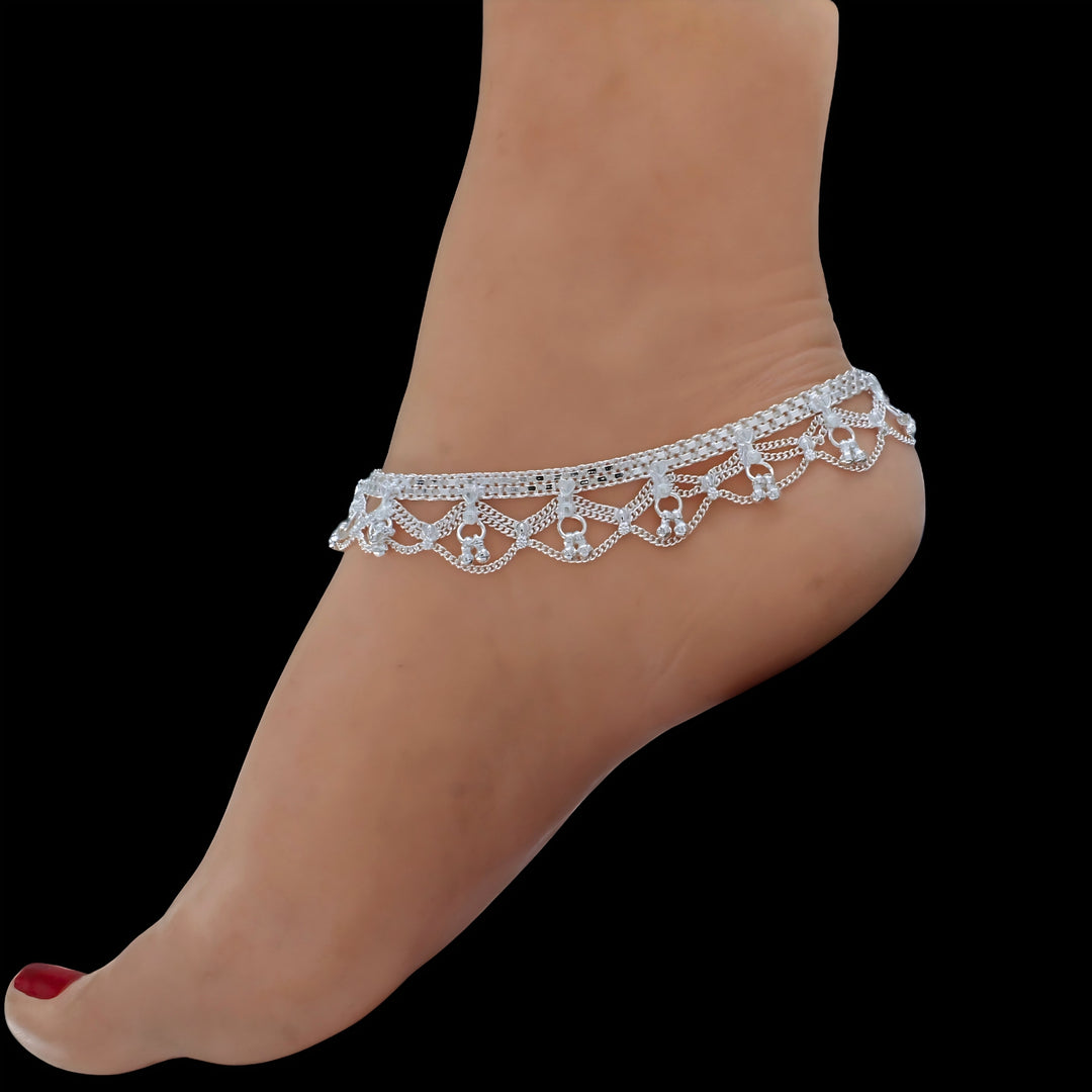 Real Silver Women’s Multi-Layer Filigree Dangle Anklet Pair - 10.3 in