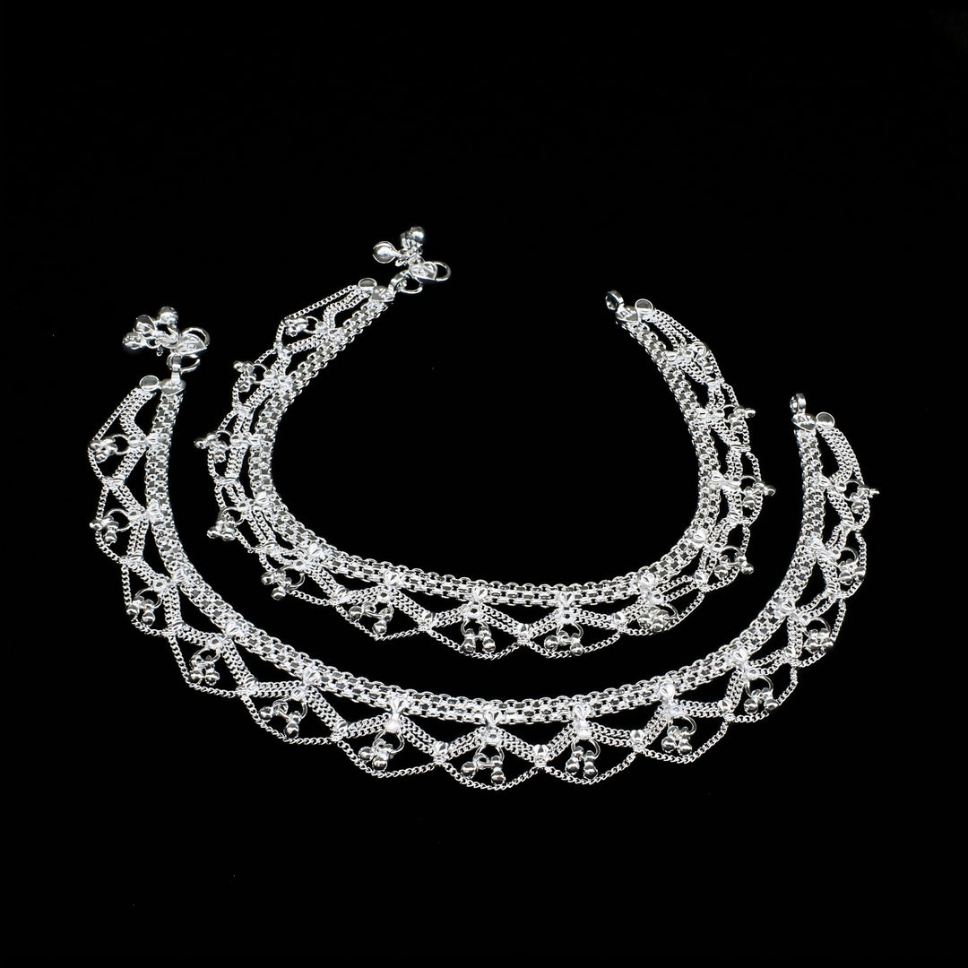 Real Silver Women’s Multi-Layer Filigree Dangle Anklet Pair - 10.3 in