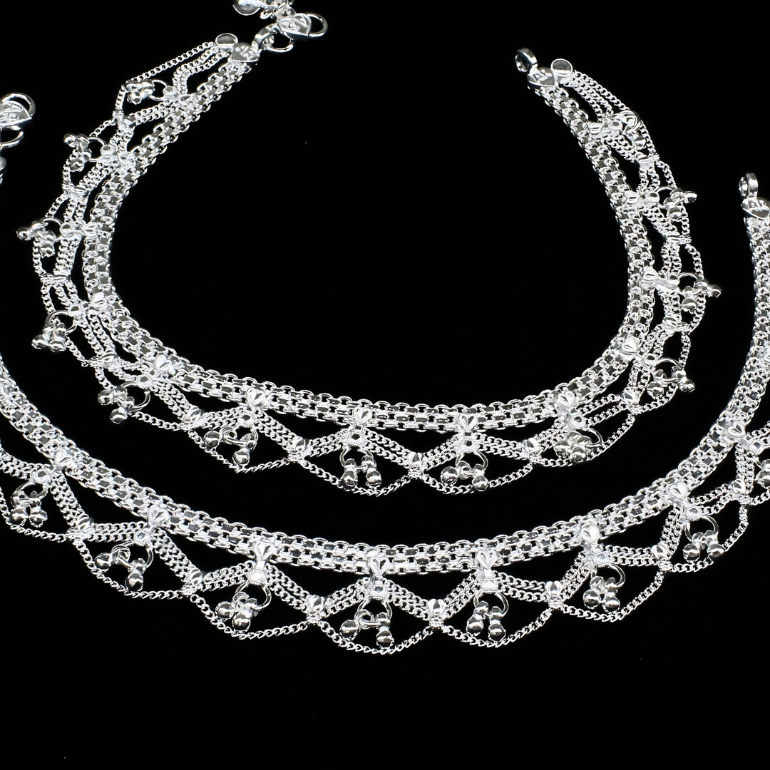 Real Silver Women’s Multi-Layer Filigree Dangle Anklet Pair - 10.3 in
