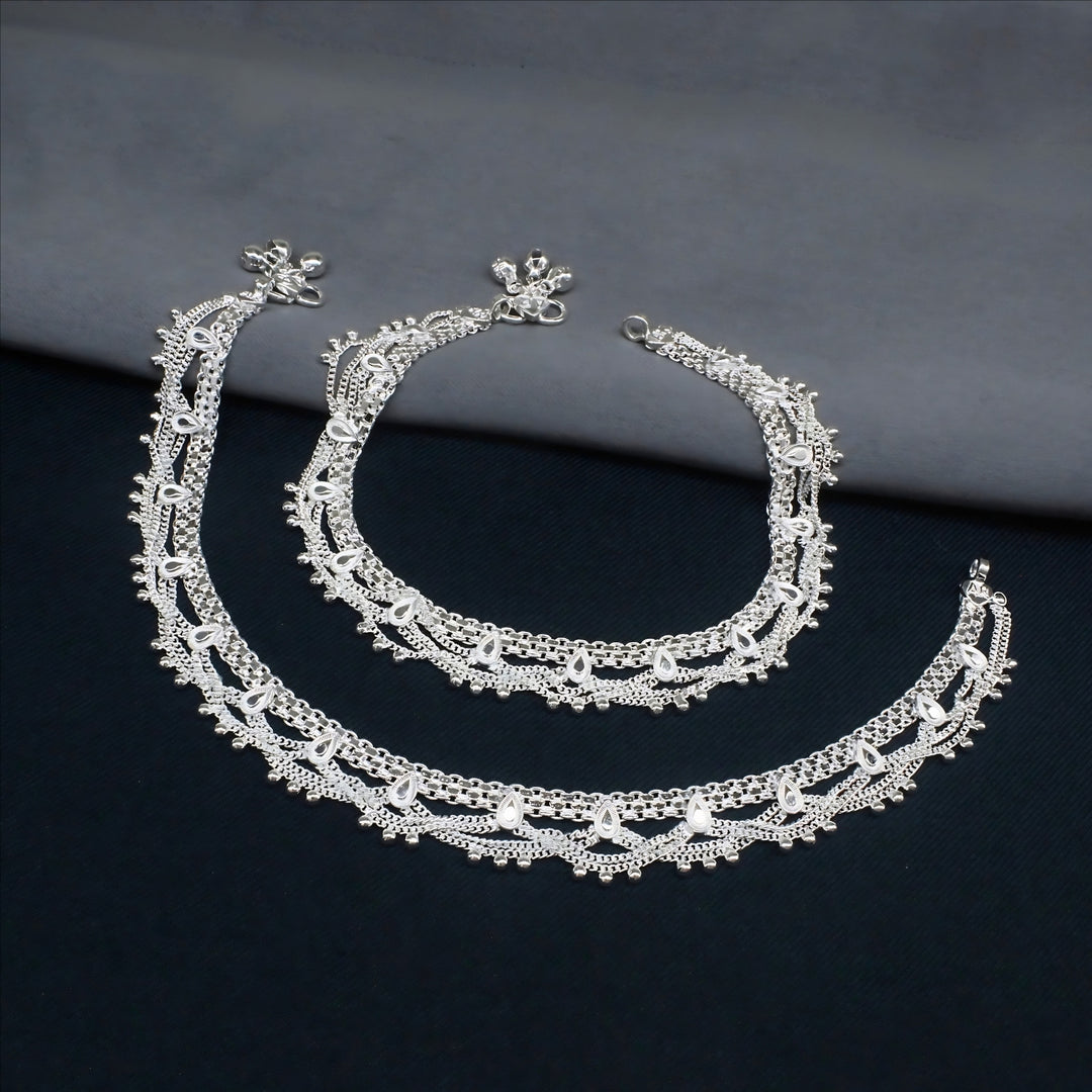 Real Silver Women Broad Chain Jhallar Anklet Pair - 10.3 in