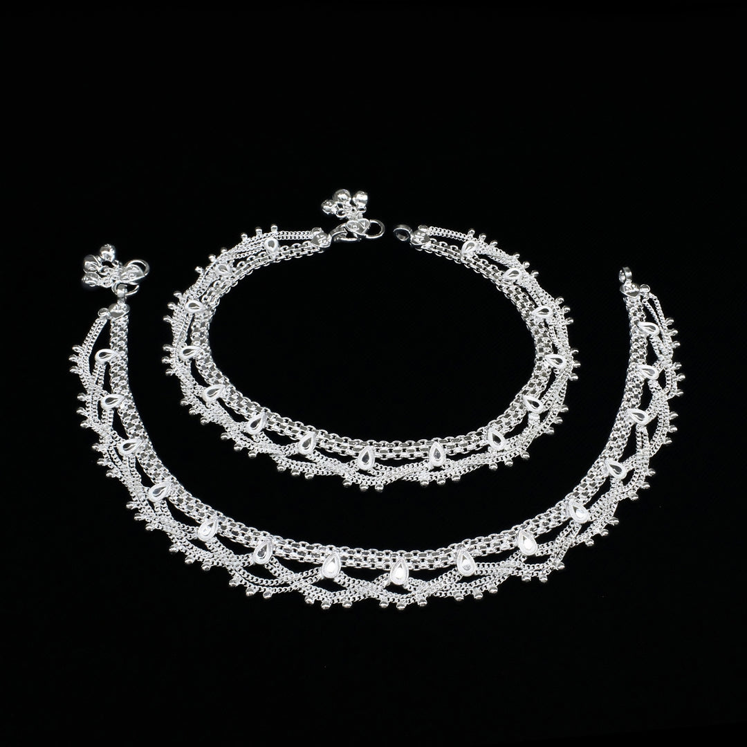 Real Silver Women Broad Chain Jhallar Anklet Pair - 10.3 in