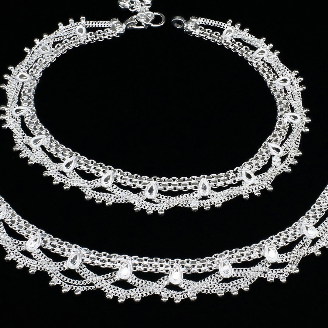 Real Silver Women Broad Chain Jhallar Anklet Pair - 10.3 in