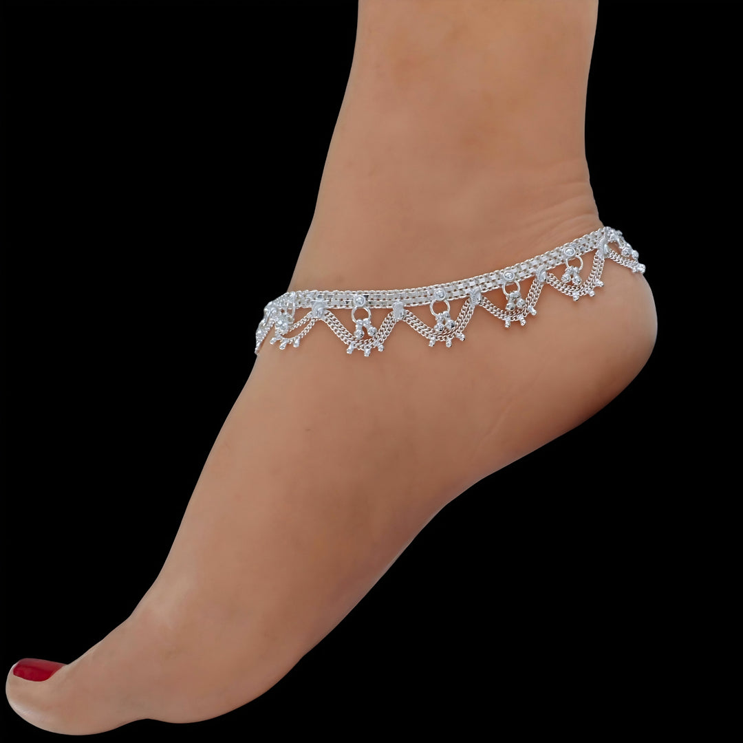 Elegant Real Silver Women Bridal Anklet Pair - 10.3 in