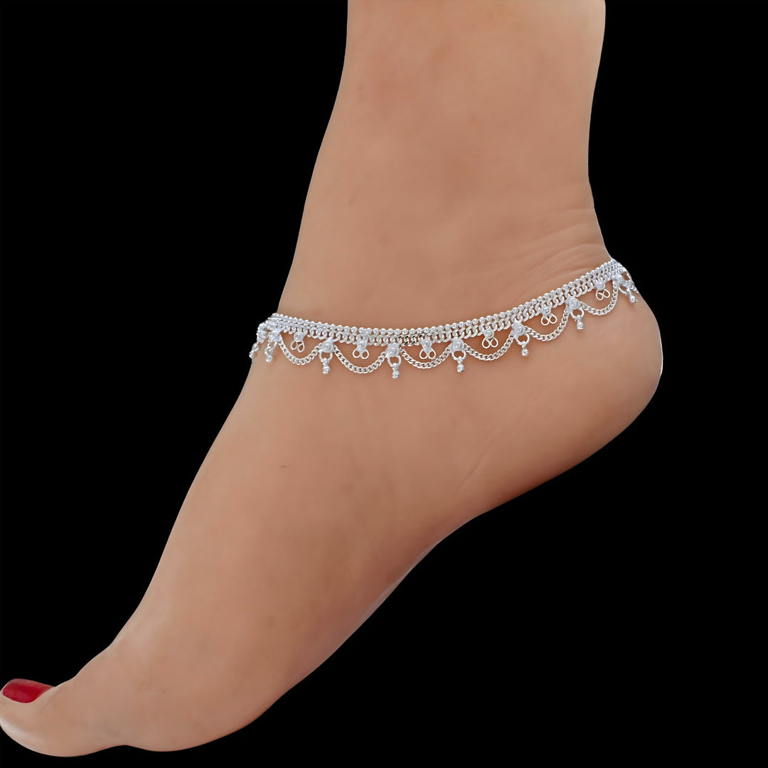 Real Silver Women’s Designer Fringe Anklet Pair - 10.3 in