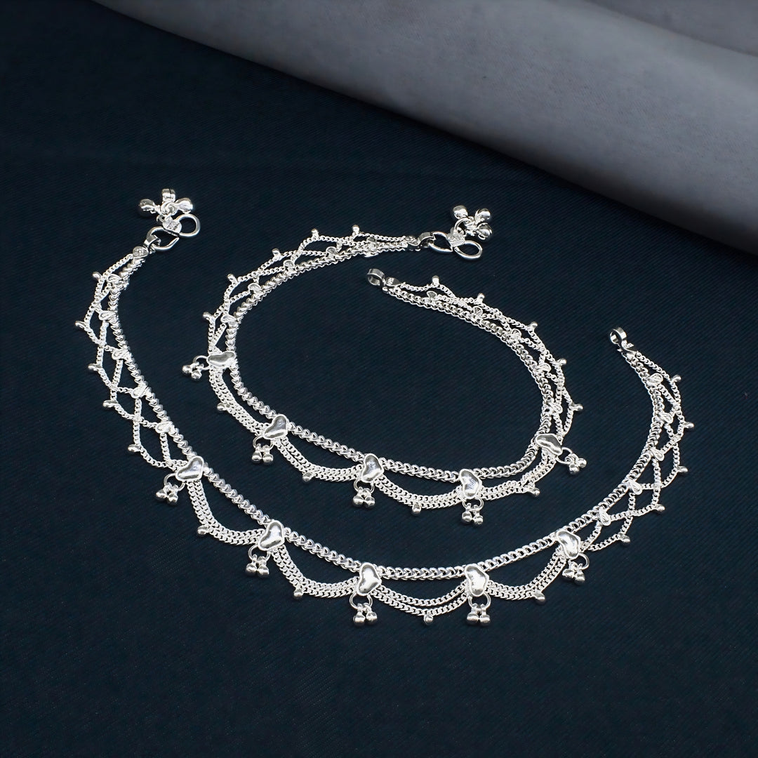 Real Silver Women Dangling Pattern Anklet Pair - 10.3 in
